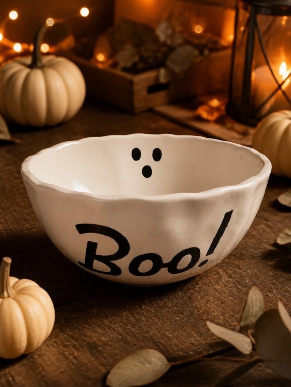 Makery "Boo!" Ghost Face Candy Bowl Dish Black And White
